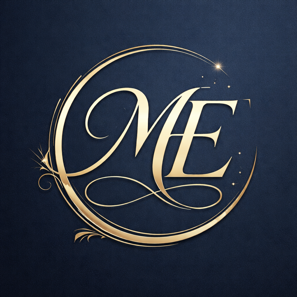 Elegant ME monogram logo for Mindy Eekhoff in deep navy, ivory, and gold.